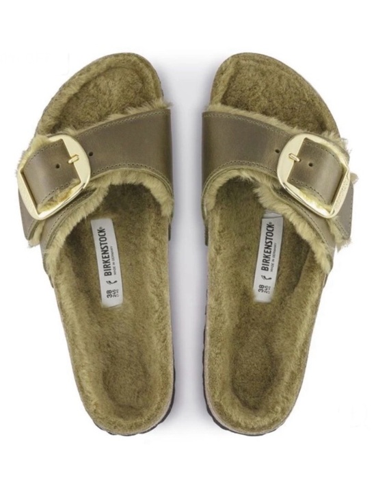Birkenstock Shoes - Birkenstock Madrid Big Buckle Shearling Oiled Leather Sandals in Olive Sz 38